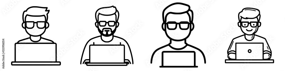 Poster different male characters working on laptops in an office setting showing various styles and express