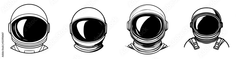 Poster exploring the design and features of various astronaut helmets in a creative and illustrative format