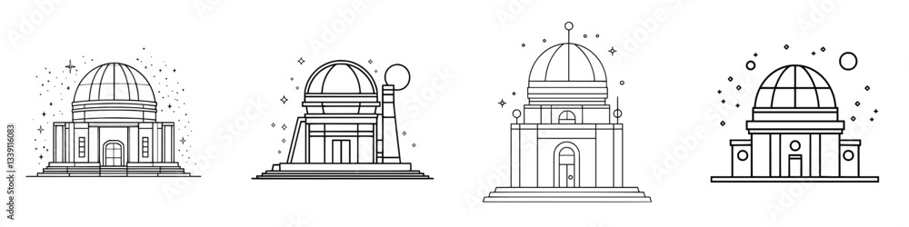 Poster multiple illustrations of observatories showcasing architectural styles and celestial themes in a mi