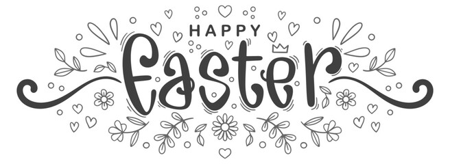 Happy Easter card with hand drawn doodle, transparent background. Vector eps