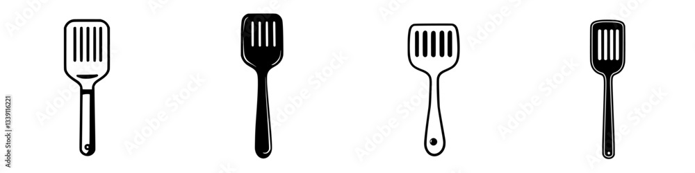 Poster various types of spatulas displayed in different styles and orientations on a simple background