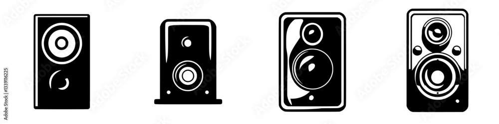 Poster various types of audio speakers displayed in a row showcasing different designs and styles