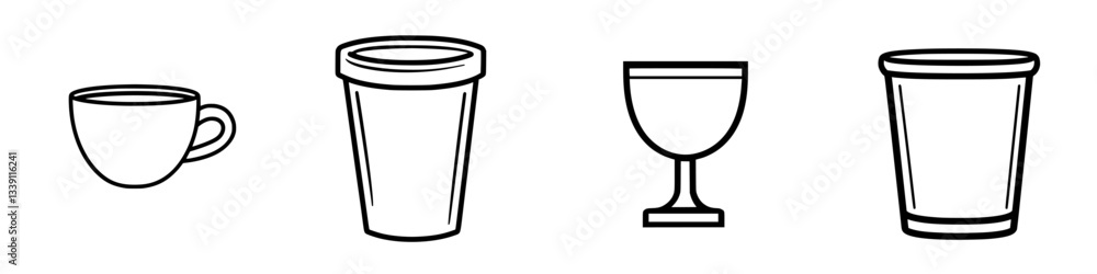 Poster various types of cups and glasses arranged in a row showcasing different shapes and sizes for divers