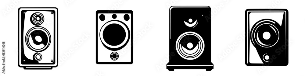 Poster various speaker designs showcasing unique shapes and styles for audio enthusiasts in a modern settin