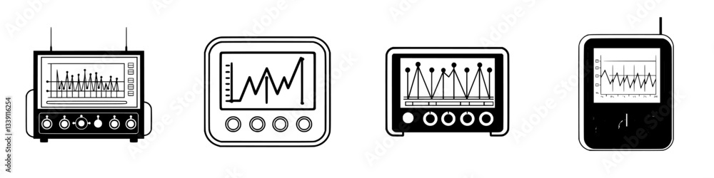 Poster various types of graphical data displays showcasing fluctuating trends in a technical environment