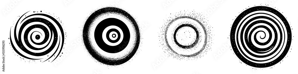 Poster graphic design featuring various spiral patterns in black and white showcasing unique textures and f