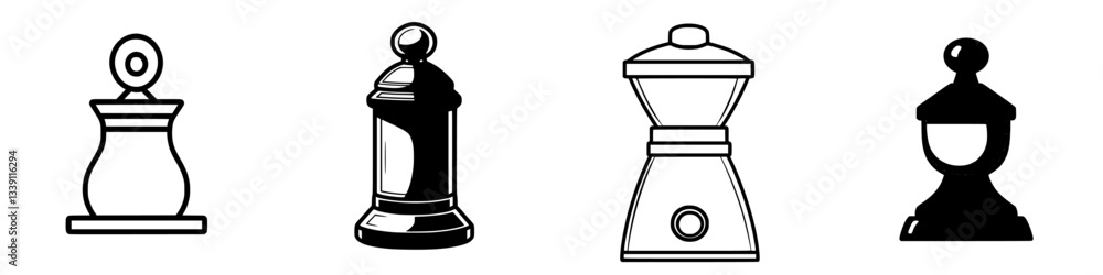 Poster different types of kitchen spice grinders with minimalist design elements highlighted