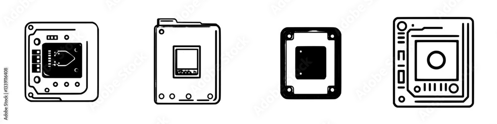 Aufkleber circuit board designs showcasing various microprocessor layouts in a technical illustration