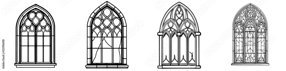 Poster four distinct designs of gothic-style windows showcasing intricate patterns and unique shapes from v