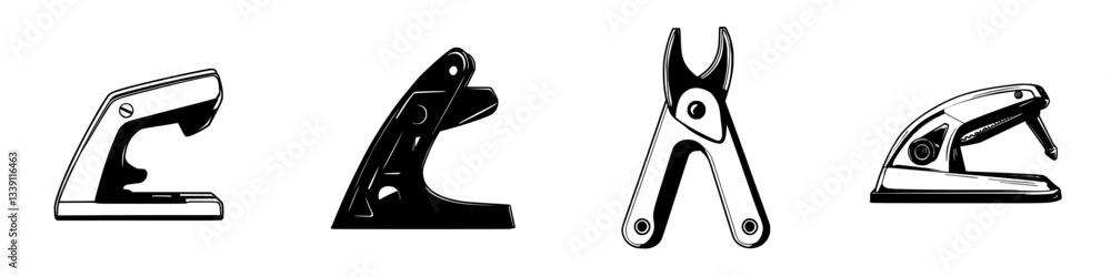 Poster different types of office tools shown in monochrome, highlighting functionality and design in a mini
