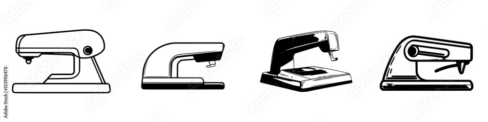 Poster collection of staplers showcasing different designs and styles on a neutral background