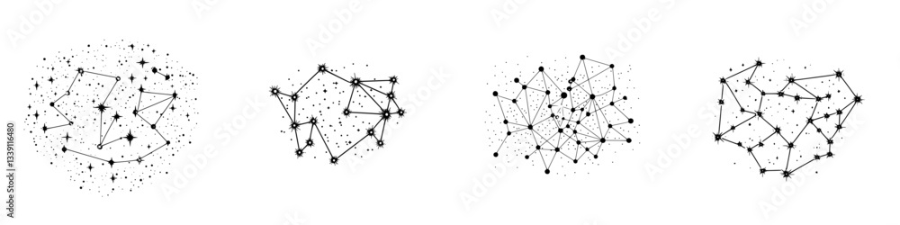 Poster network patterns resembling constellations in a minimalist style displayed on a white background