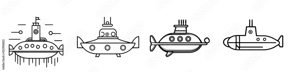 Poster various designs of submarines showcasing unique styles and features for underwater exploration and r