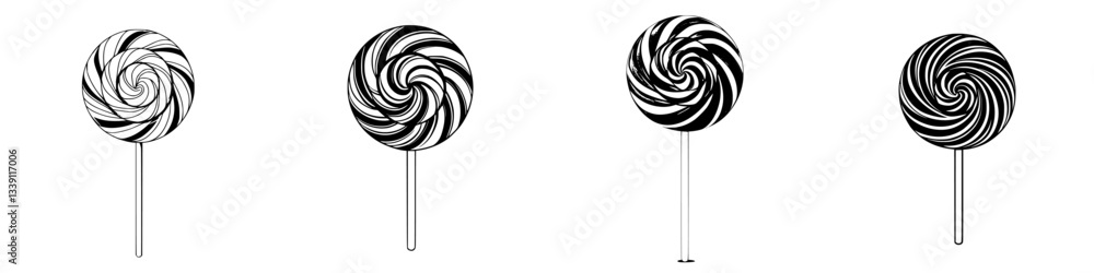 Poster four lollipops displayed in sequential order showing varying swirl patterns on white background