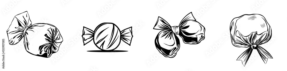 Poster Various types of confectionery candies wrapped in paper displayed on a simple background