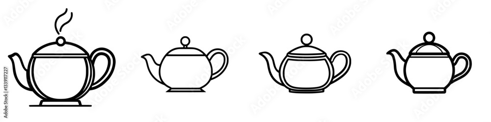 Poster design variations of teapots showcasing different styles and shapes in simple line art format