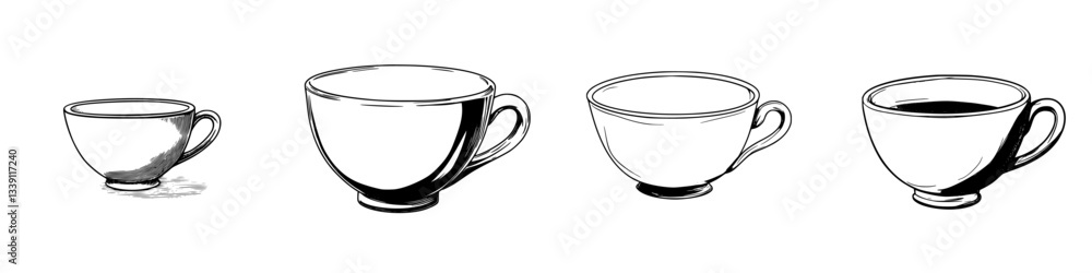 Poster different styles of cups showing progression from small to large with varying amounts of liquid insi