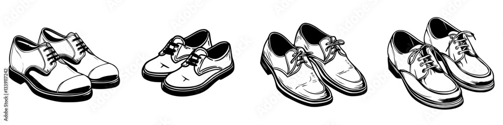 Poster collection of various styles of formal shoes displayed in a minimalist design emphasizing craftsmans