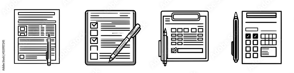 Poster collection of various forms and documents designed for organizational purposes in a workspace settin