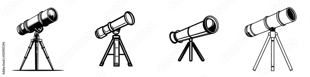 Aufkleber different designs of telescopes displayed on tripods in a simple line art style
