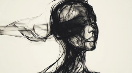 Fototapeta premium Abstract portrait of a woman's face, rendered in dark smoke-like tendrils, suggesting mystery, thought, or emotion.
