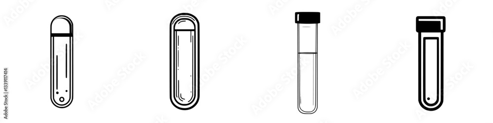 Poster various laboratory test tubes arranged in a row showcasing different designs and shapes on a plain b