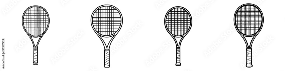 Poster different styles of tennis rackets displayed in a row on a white background showcasing the evolution