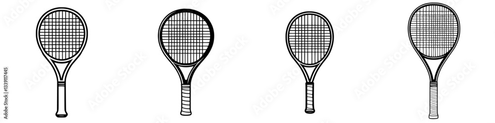 Poster different styles of tennis rackets displayed in a row showcasing their unique designs and characteri