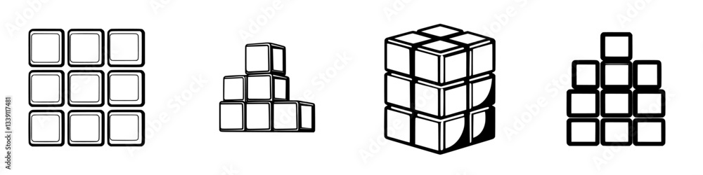 Poster cubes arranged in various formations showcasing geometric patterns and structures in black and white
