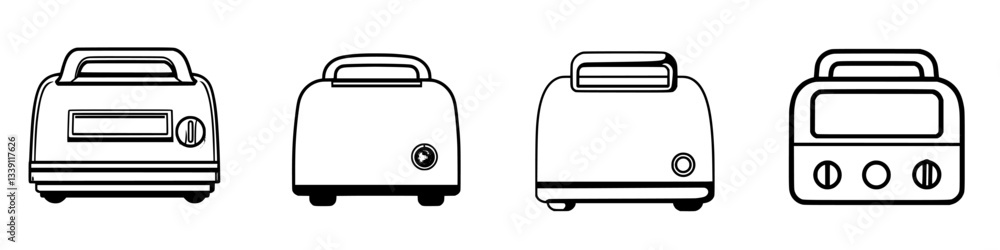 Poster various designs of toasters arranged in different orientations showing their unique features and sty