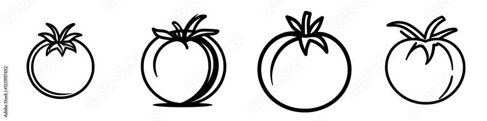 Poster collection of hand-drawn tomato illustrations showing different styles and angles in a simple and cr