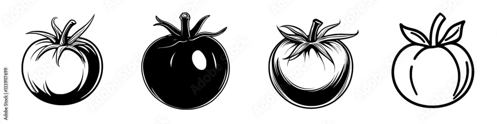 Poster different varieties of tomatoes illustrated with distinct styles and shapes on a plain background