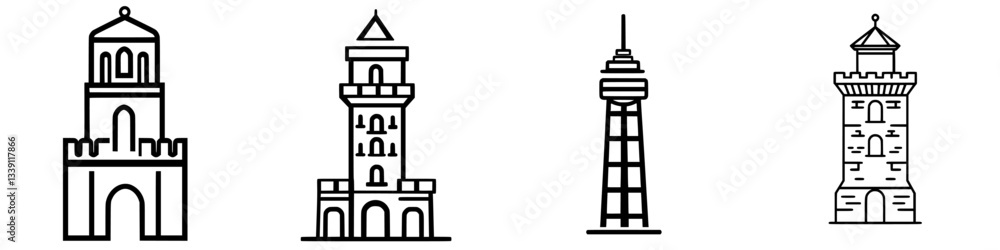 Poster architectural towers featuring distinct styles and structures from different regions and eras in a m