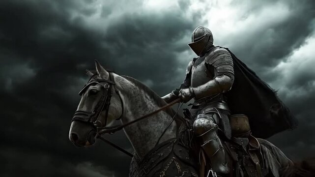 A knight on a horse is riding through a stormy sky. smooth repeating motion for background video animation