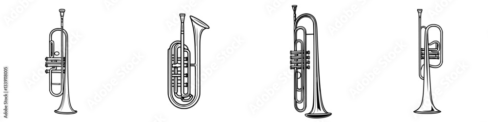 Poster various brass instruments displayed in a row showing their distinct shapes and features in a simple 