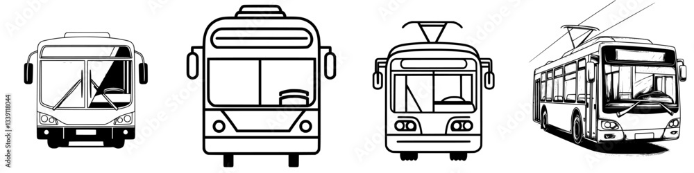 Poster collection of illustrations showcasing various types of buses and trolleybuses in a simple line art 