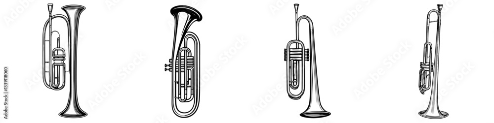 Poster different types of brass instruments displayed in a row showcasing their unique designs and features