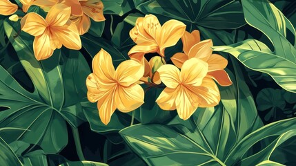 Vibrant Yellow Flowers Among Lush Tropical Leaves