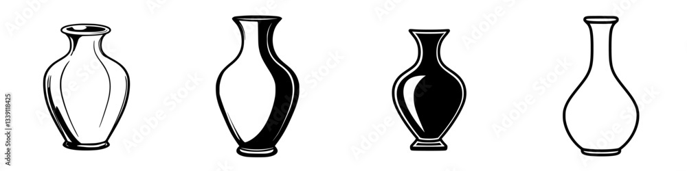 Poster craftsmanship of four unique vases showcasing different styles and forms in a minimalistic design