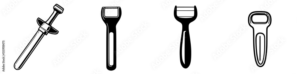 Aufkleber kitchen tools including various types of peelers and a corer displayed against a simple background