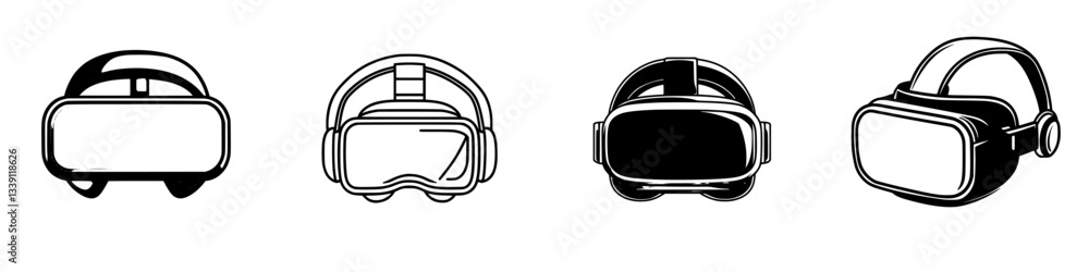 Poster different styles of virtual reality headsets displayed on a plain background illustrating technologi