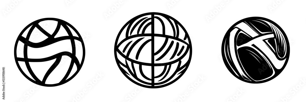 Poster unique design of three distinct sports balls showcasing different patterns and styles in black and w