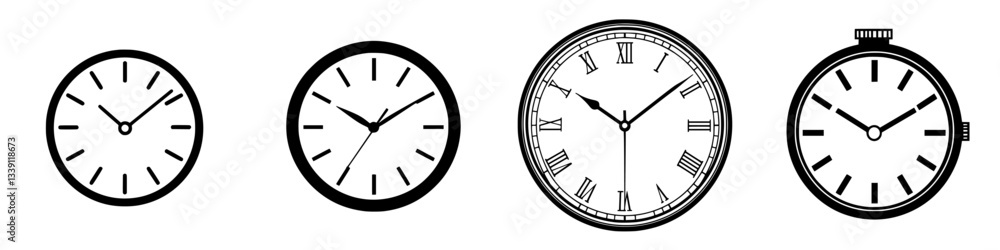 Poster different styles of clocks showcasing various designs and timekeeping methods displayed on a simple 