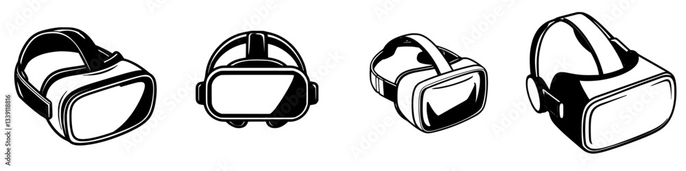 Poster various styles of virtual reality headsets displayed on a white background showcasing their unique d