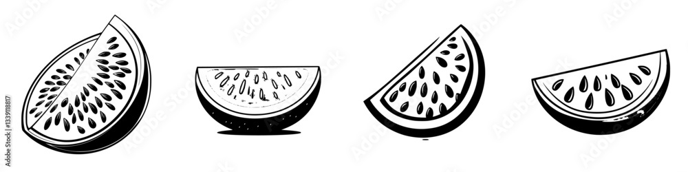 Poster slices of watermelon arranged in a row on a plain background showcasing different angles and texture