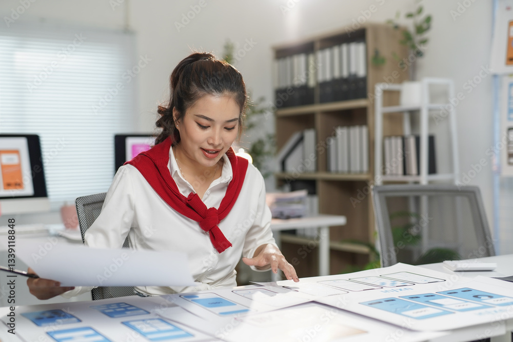 Aufkleber asian woman working at her desk in a modern office analyzing user interface sketches for a mobile ap