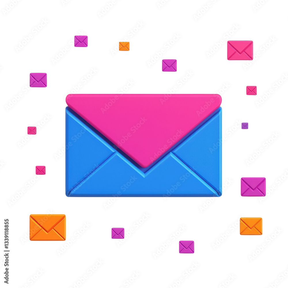 Poster colorful envelope icon with smaller envelopes, representing communication and messaging