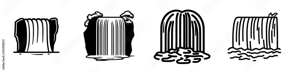 Poster waterfalls of various shapes and sizes depicted in a minimalist style on a white background