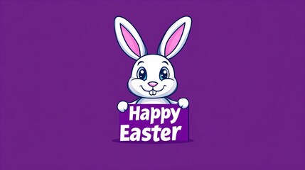 Cartoon bunny smiles while holding a purple sign with the words Happy Easter displayed on a purple background, creating a festive illustration.