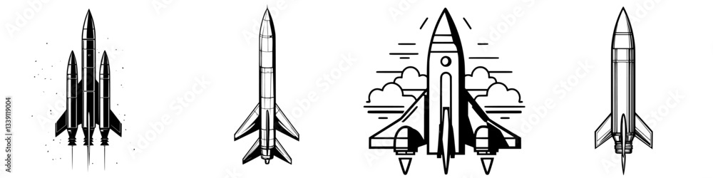 Poster various rocket designs showcasing different styles and features with emphasis on propulsion and laun